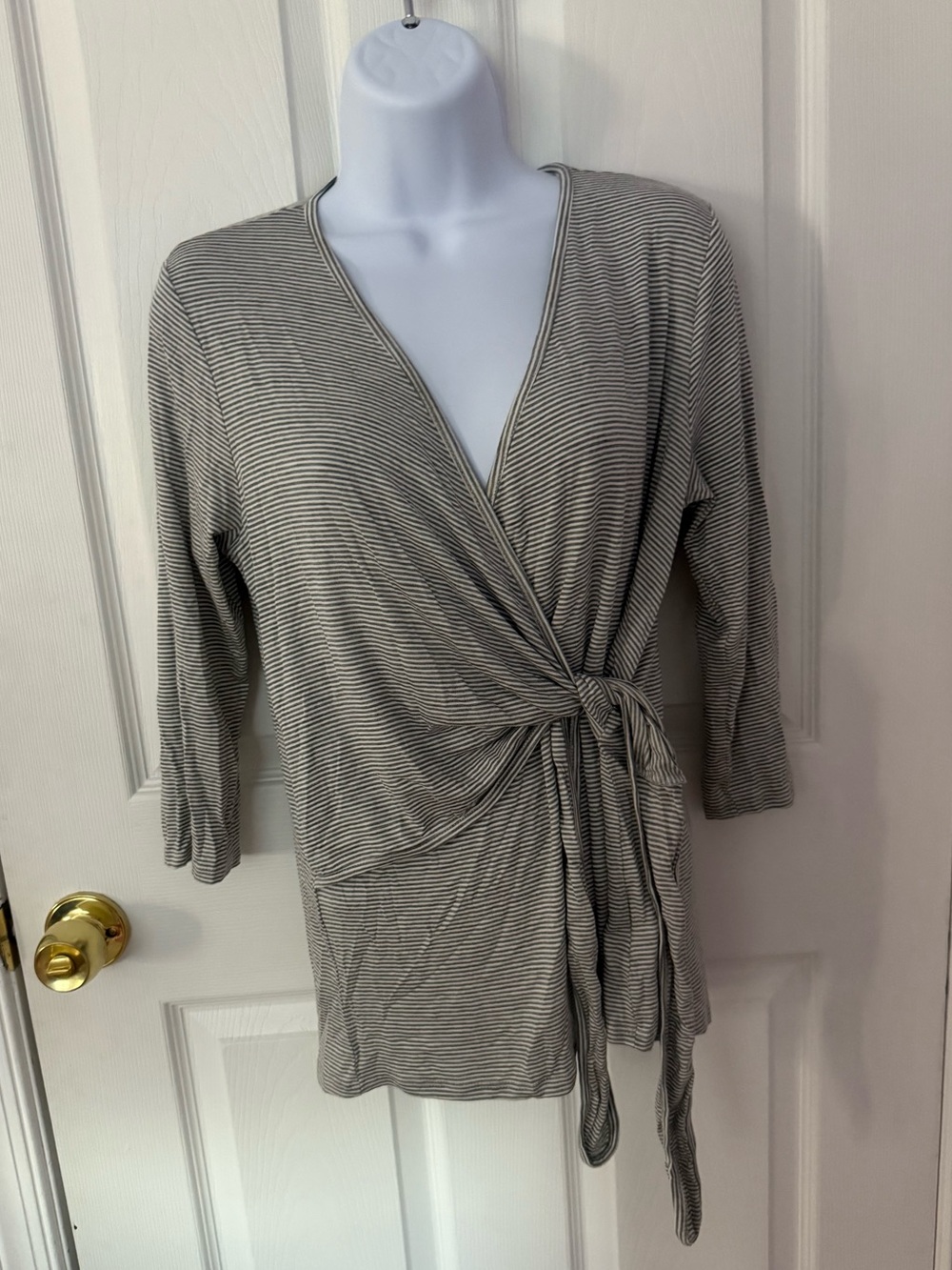 Chris & Carol Gray and White Striped Tie-Waist Top
